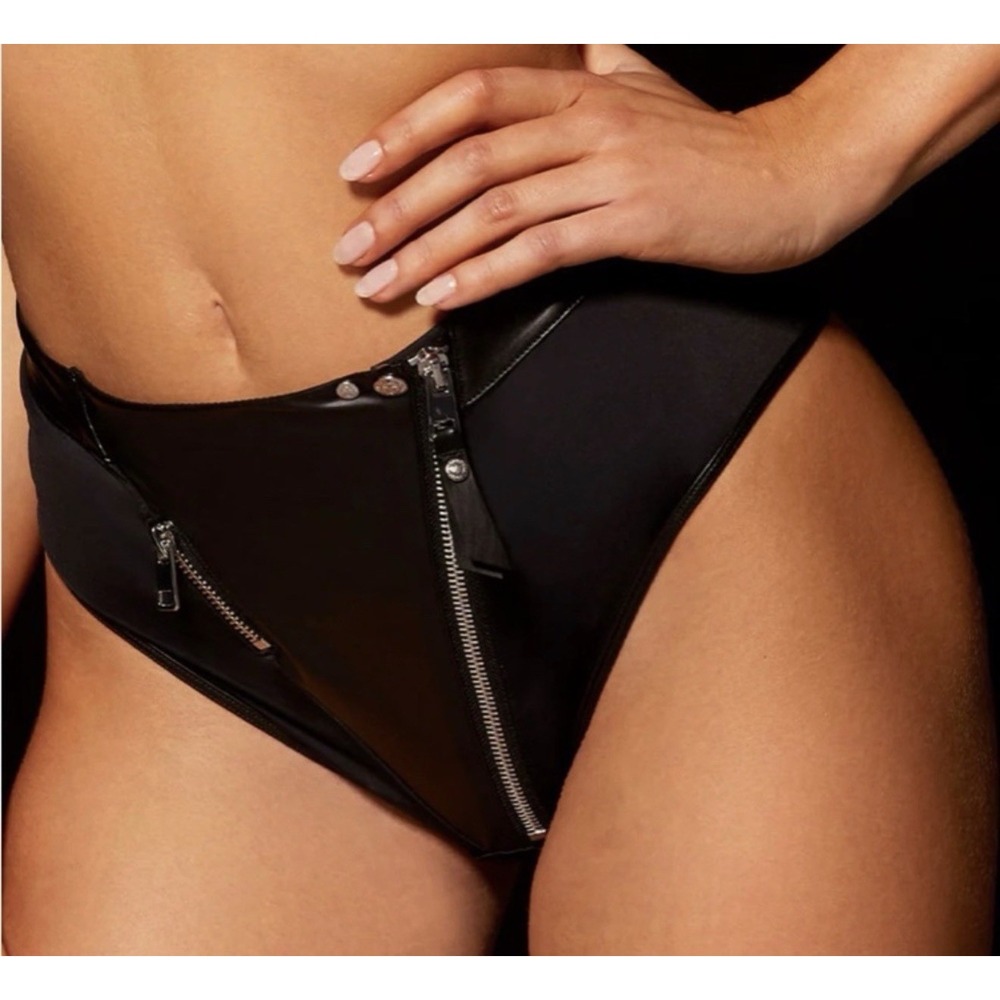 Honey Birdette George High Waisted Brief Panty S Black Faux Leather Zip Biker